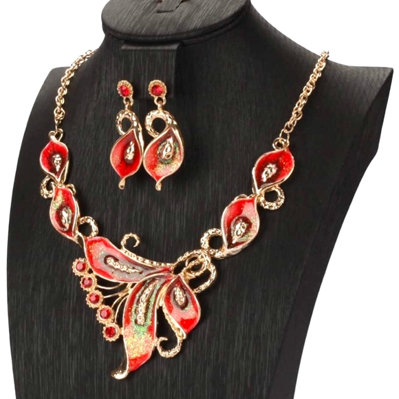 Gold plated Red green purple sparkly crystal feather necklace earrings sets - Picture 5 of 16